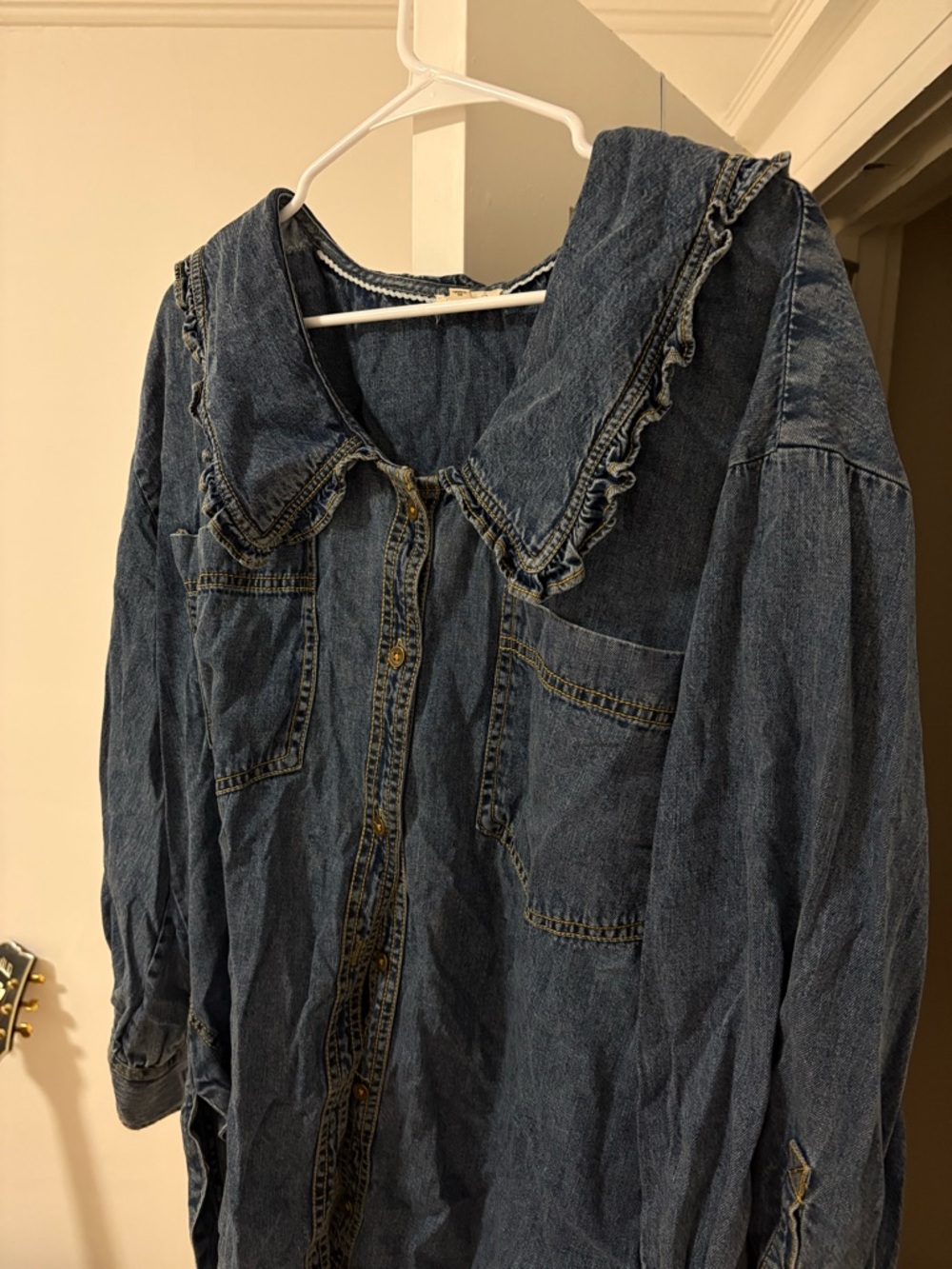 Denim Button-Up Shirt with Ruffle Collar
